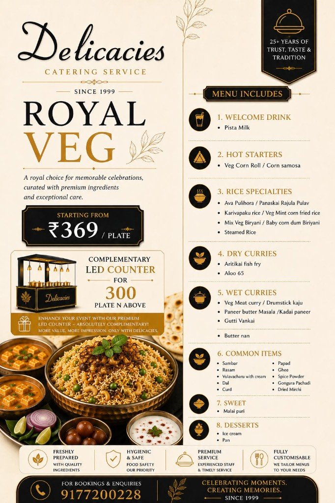 Royal Veg catering menu by Delicacies